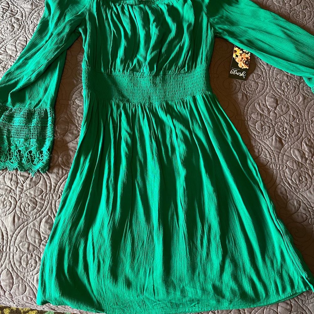 Green Blush Boho Cotton Long Sleeve Off Shoulder Dress Flowy Crochet Sleeves L